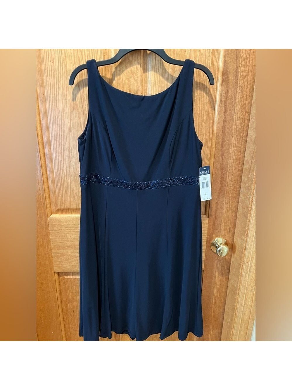 NWT Chaps Navy Blue Dress Sleeveless Scoop Neck Midi w/ Sequin Detail Waist XL